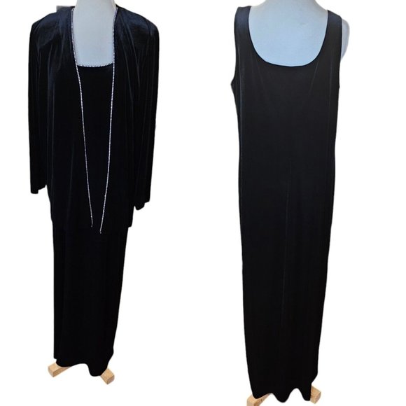 90s Alex Evenings XL Black Velvet Long Dress Jacket 2 Piece‎ Sparkle Rhinestones - Picture 1 of 12